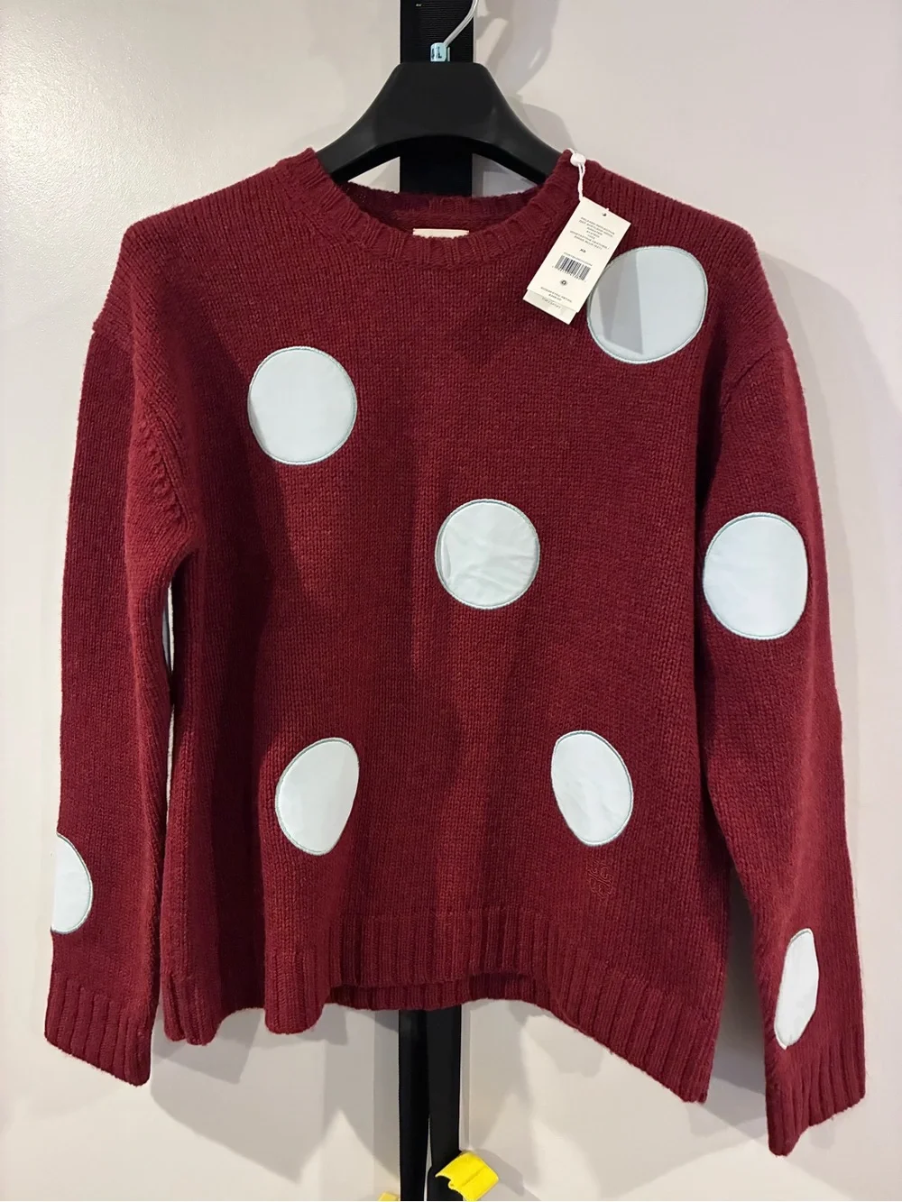 Tory Burch Women’s Wine Red Crewneck Sweater with White Dot Accents